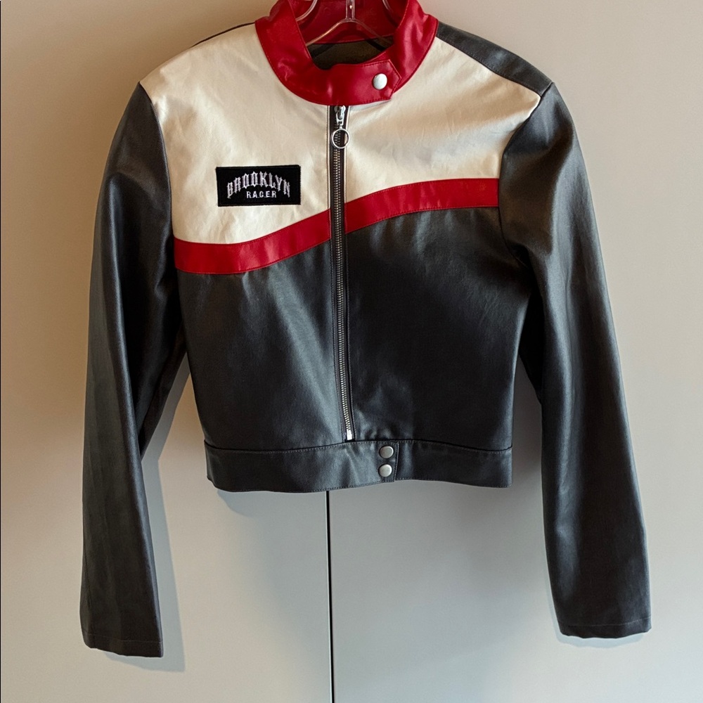 Pretty Little Thing Red, Grey, and Black Leather Jacket